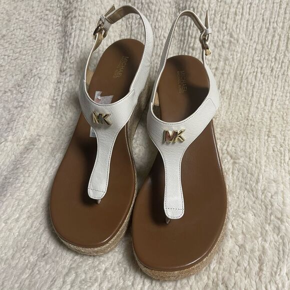 MICHAEL KORS LEATHER WHITE ESPADRILLE WEDGES THONGS SANDALS GOLD MK LOGO SZ9.5M - Picture 3 of 10